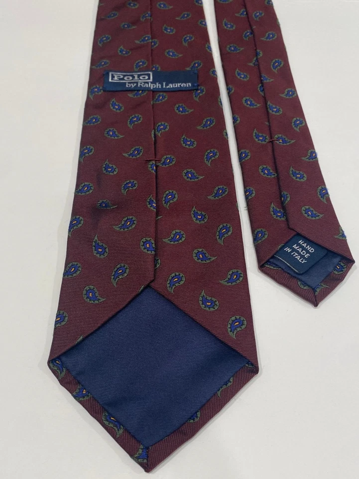 Vtg Polo Ralph Lauren Hand Made Italy Silk Tie Burgundy Teardrop Paisley Print - Image 3 of 4