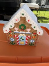 Plastic Canvas Needlepoint Gingerbread House w/ Candy Cane, Stocking, Holly