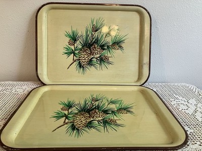 Set 2 VTG Large T.V. Trays Metal Trays Pine Tree Branch Pinecones 17.5'' x 12.75''