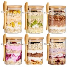 6 Pack Overnight Oats Containers with Bamboo Lids and Spoons - 22 oz Airtight...
