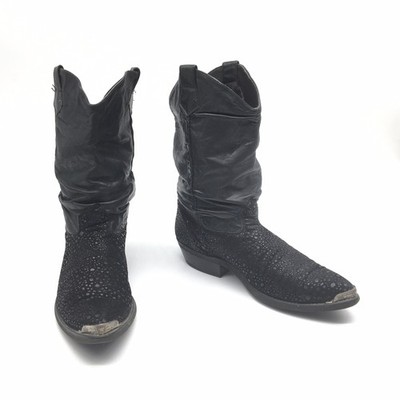 Code West Black Cowboy Boots Men's Size 9D Vintage Slouchy Suede Embossed Silver
