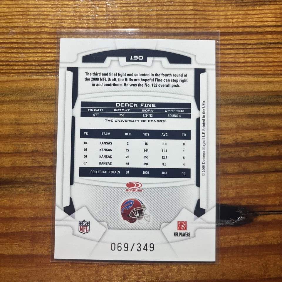 Derek Fine 2008 Leaf R&S Gold Longevity Rookie #190 /349 Buffalo Bills - Image 2 of 3