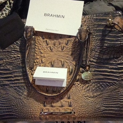 Brahmin Brown Embossed Animal Print Satchel Top Handle Zip Gold w/ Dust Bag