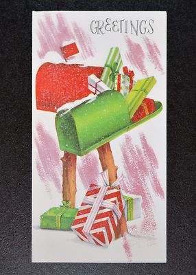 VTG UNUSED Christmas Card GLITTER RURAL MAILBOXES with GIFTS FLAG UP Mid-Century