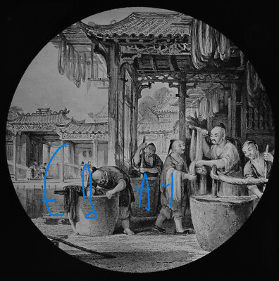 FÄRBEN UND WICKELN SEIDE PORZELLAN UM 1875 Magische Laterne Dia ANTIKE ILLUSTRATION