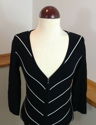 89TH & MADISON Rayon Full Zip 3/4 Sleeve Black Striped V-Neck Sweater Women's M