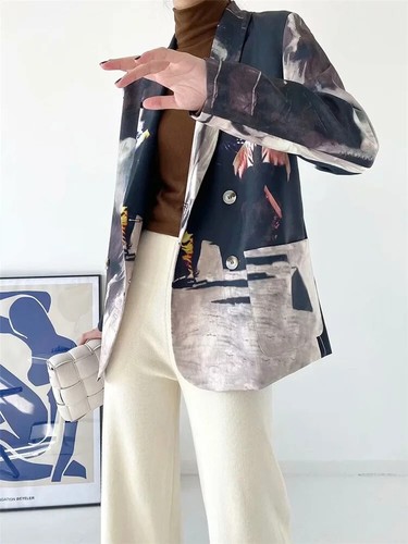 Ladies Black Abstract Designer Edgy Urban Street Fitted Blazer Jacket Coat 10 - Picture 2 of 19