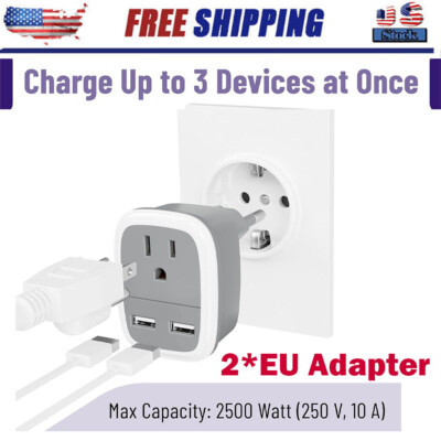2X European Travel Plug Adapter 2 USB Ports Wall Power Plug Outlet US to EU USA*
