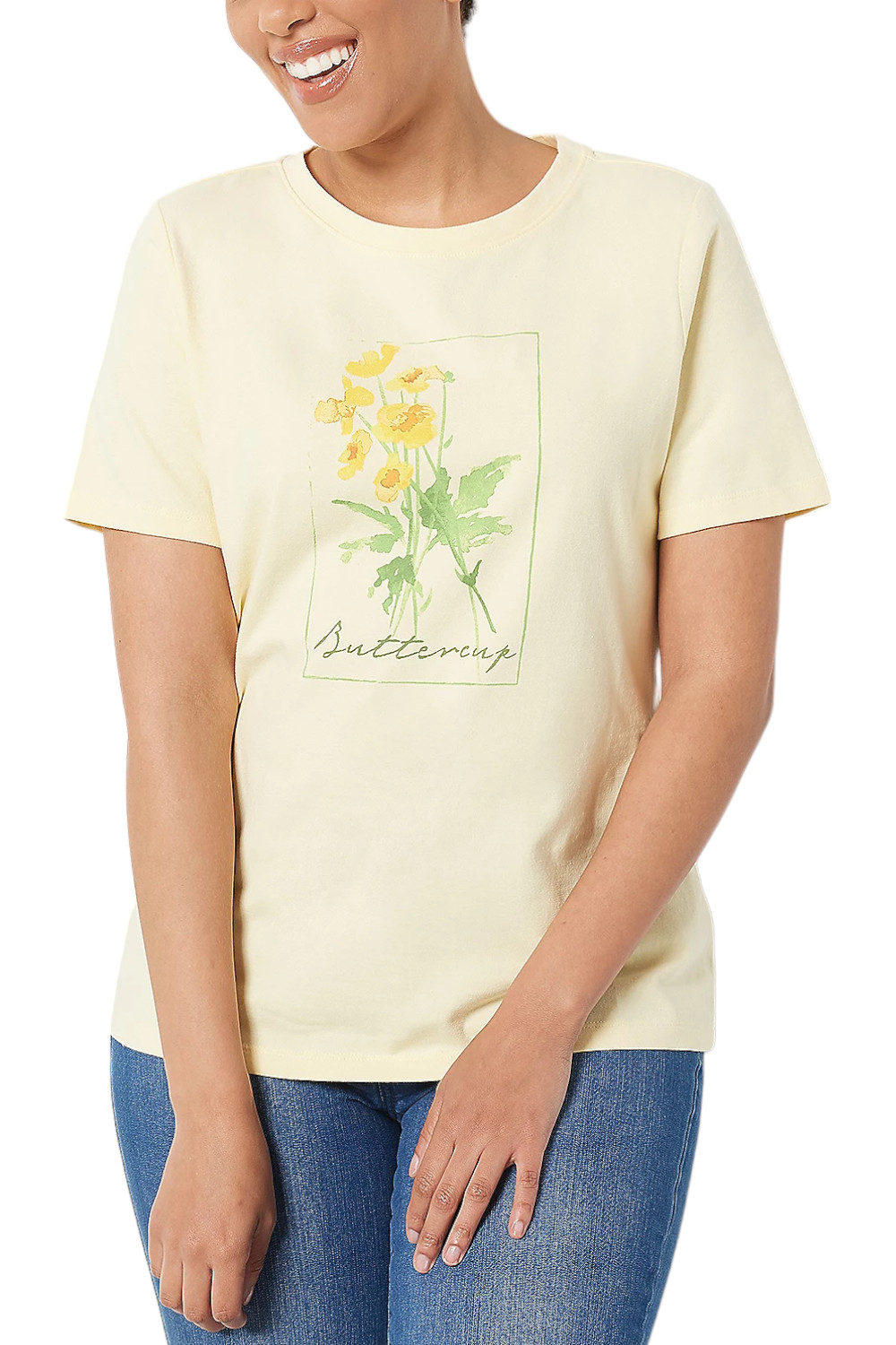 Топ с короткими рукавами и круглым вырезом из идеального трикотажа с принтом Denim & Co. Buttercup