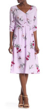 Bobeau - Ruched Summer Floral Print Midi Dress - Purple & Pink Flowers