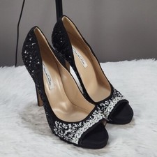 Oscar de la Renta Black White Sequin Peep Toe Heels, Size 39.5/ 9.5 US Made in …