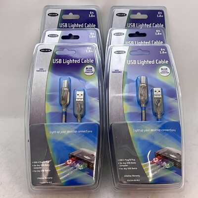 6pcs Belkin Translucent Blue Light USB Lighted Cable 6ft  F3U144-06-BLU