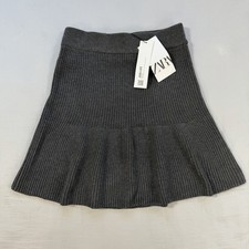 NWT Zara Knit Ribbed Ruffled Mini Skirt Womens SMALL Gray Stretch Pull On