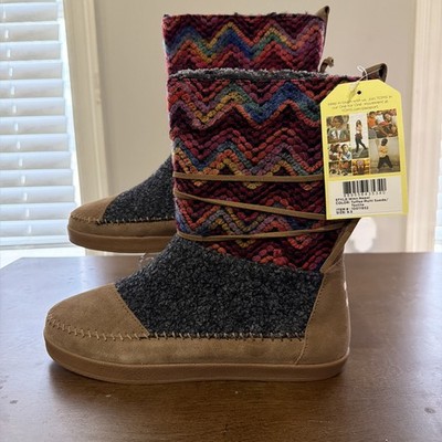 TOMS Nepal Toffee Suede  Colorful Mixed Textile Mid Moccasin Boots Boho Chic 9.5