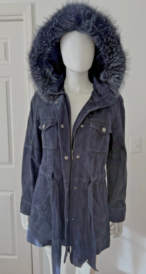 Ellen Tracy Women's Button Down & Zip Suede Jacket Coat Belted & Fox Fur Hood - Image 2 of 4