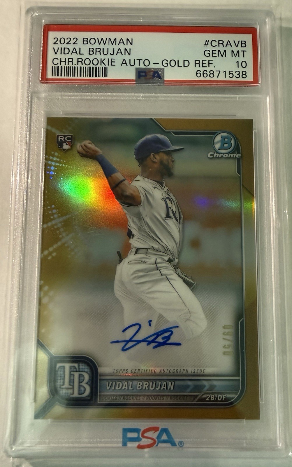 Topps 2022 Bowman Chrome Rookie Auto Vidal Brujan Gold Refractor /50 PSA 10