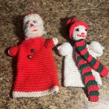 2 Knit Handmade Snowman Hand Puppets Snowman Santa Claus Vintage