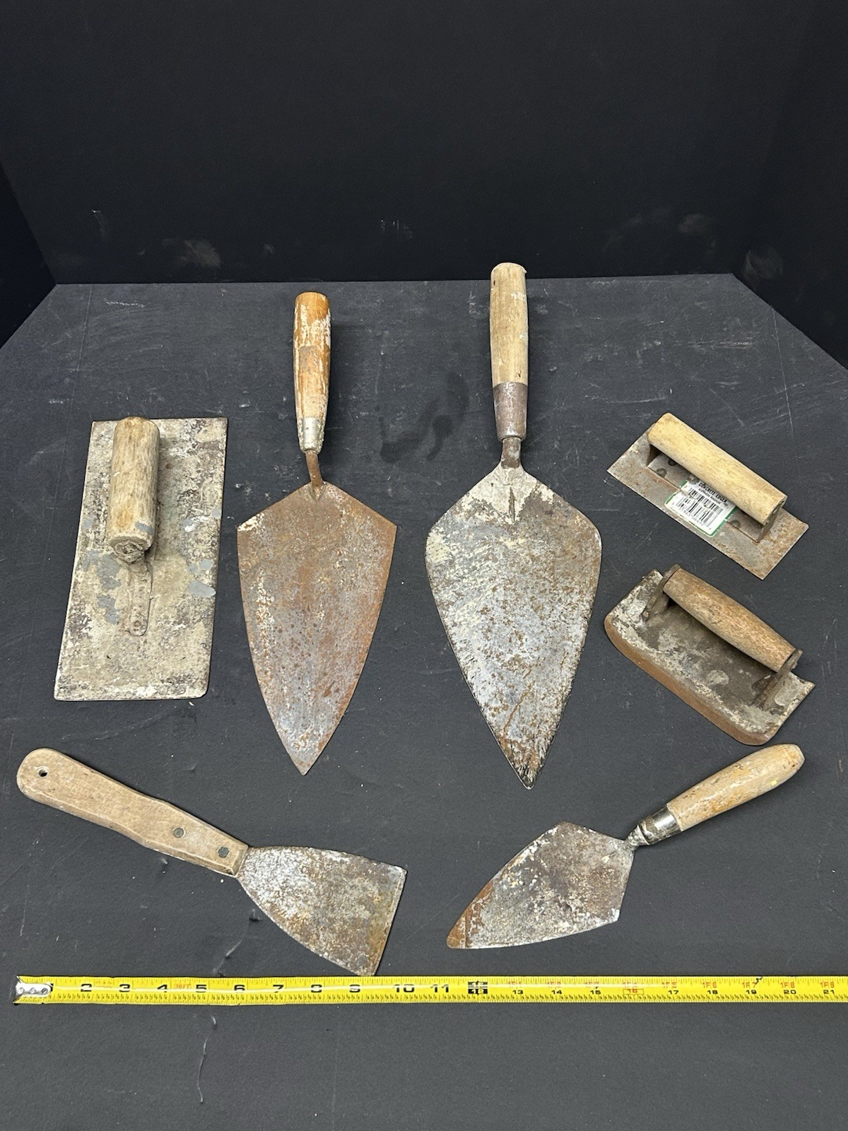 Lot Of (7) Vintage Concrete Trowels And Finishing Tools - Wood Handles