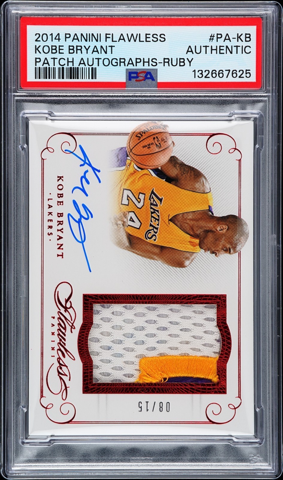 KOBE BRYANT 2014-15 FLAWLESS PATCH AUTOGRAPHS RUBY JERSEY #8/15 PSA AUTH #PA-KB