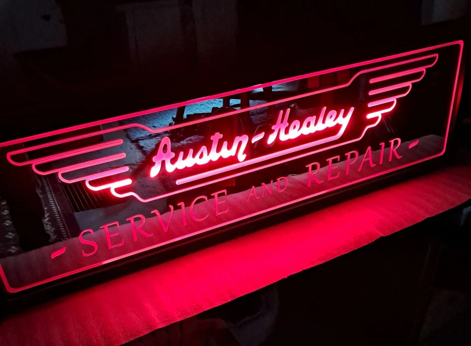AUSTIN HEALEY SERVICE AND REPAIR MIRRORED RED LED LIGHTED SIGN - Image 2 of 4