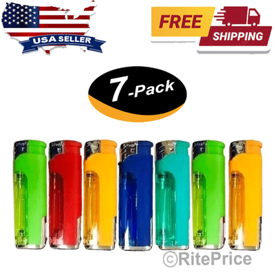 5-Flags Refillable Butane Flame AST Lighter (White LED Flashlight) (7 Pack)  -New