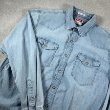 Wrangler Western Shirt Mens XL Light Blue Solid Pearl Snap Flex Denim VTG Style