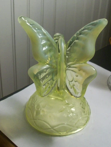 FENTON yellow vaseline opalescent uranium glass butterfly on branch HTF  RARE