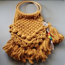 Bohemian Macrame Handbag Handmade Purse 10"T 8"W 2"D Bamboo Handles 5.5"
