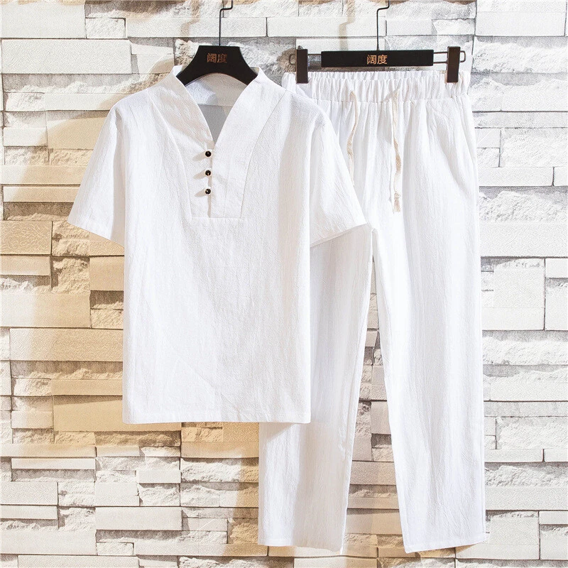 Summer Men's Cotton Linen Casual V-Neck Short Sleeve Elastic Waist Pants Suit