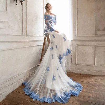 Elegant White Mermaid Wedding Dress Blue Appliques Strapless Lace Bridal  Gowns | eBay