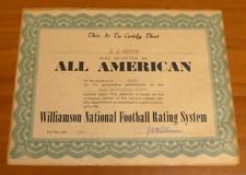 E. J. Holub 1959 Williamson Nat. Football Rating System All American Certificate