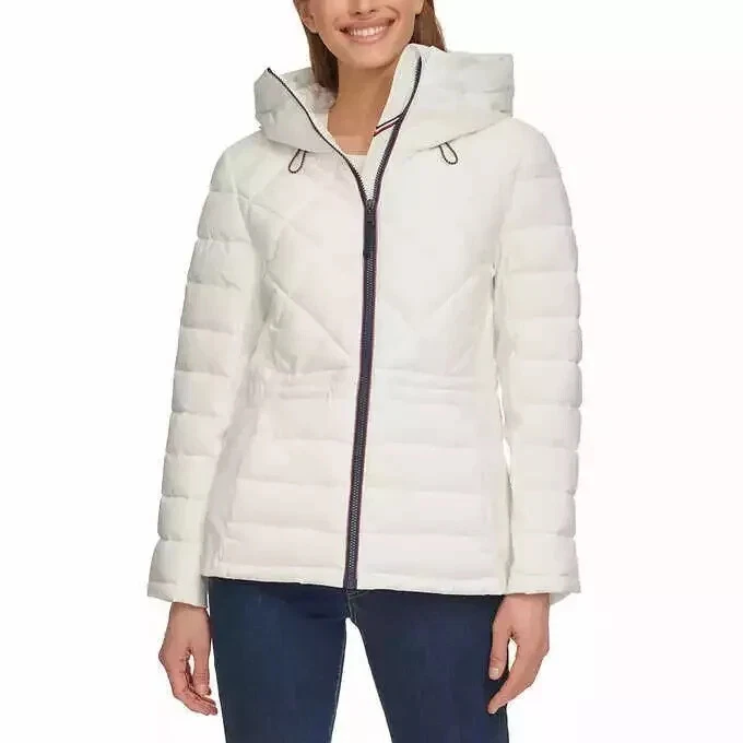 NEW Tommy Hilfiger Womens Quilted Hooded Jacket, White, LARGE