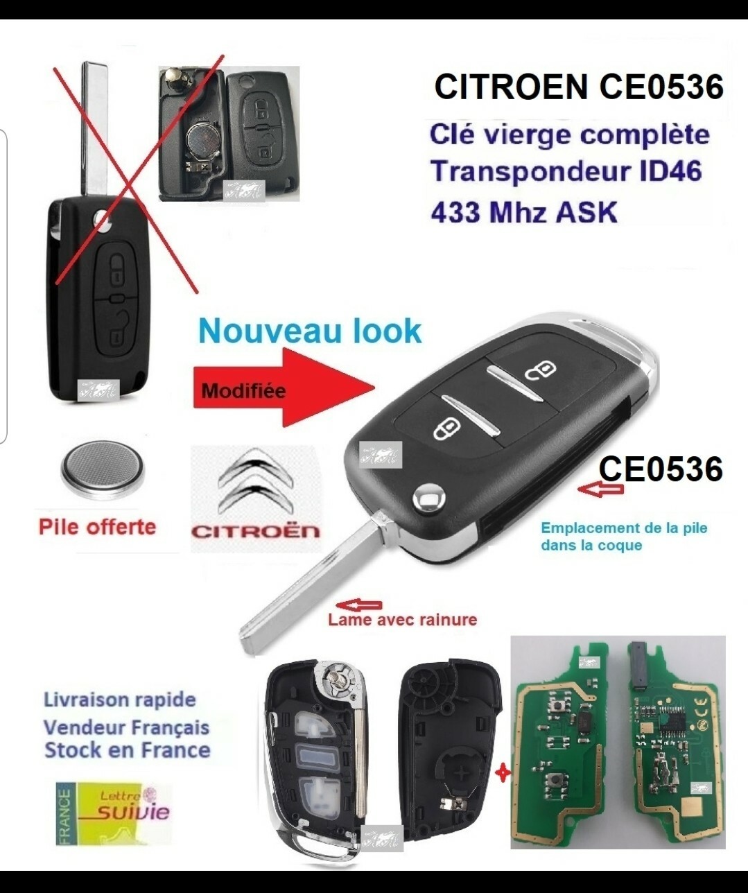Cle vierge modifiée CE0536 Citroen C2 C3 Phase2 Pluriel 2005-2009 avec pile ASK