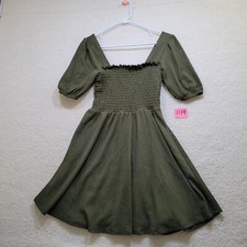 Women's Nine West Puff Sleeve Square Neck Baby Doll Dress Olive Size Small