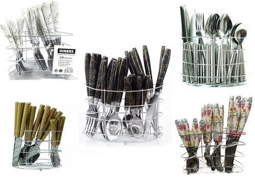 24Pc Cutlery Dinner Set Stainless Steel Metal Stand Rack Tea Spoons Fork Luxury - Picture 1 of 10