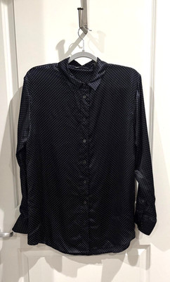 Alex Chung Women's Size Large Polka Dot Navy Blue/White Silk Button Down Blouse