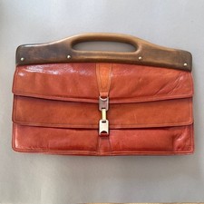 Ida Pelletterie Italy Vintage Leder Handtasche Clutch mit Holzgriff Cognac