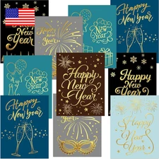 Happy New Year Cards with Envelopes 24 Pack 2026 Gold Foil New Year Greeting Car