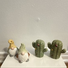 Gnome and Cactus Ceramic Salt & Pepper Shaker Set, 4-Piece Decorative Kitchen
