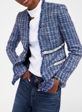 ZARA NUOVO CON ETICHETTE BLAZER TWEED BLU VINTAGE BOHO PERLE ORLI GIACCA CAPPOTTO KIMONO TAGLIA L