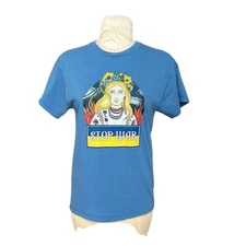 "Stop War" Graphic T-shirt Woman Crying w/Flower Hairpiece-Fire/Flames Blue M/L