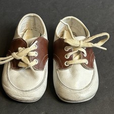 Vintage White Brown Baby Saddle Shoes Lace Up Faux Leather Size 2