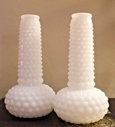 Set of 2 Vintage White Milk Glass Hobnail Bud Vase 6.5"