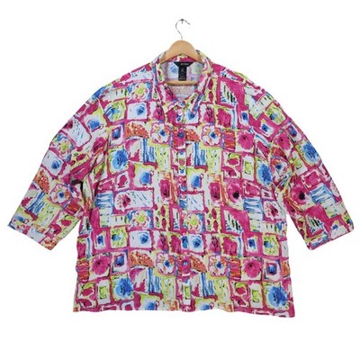 Ali Miles Button Up Shirt Womens 3X Multicolor Rayon Artsy Abstract 3/4 Sleeve