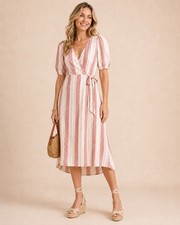 Reformation Womens Red & White Striped Linen Wrap Dress Medium With Puff Sleeves