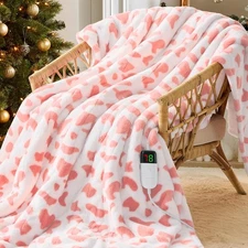 Pink Cow Print Heated Electric Blanket Throw,50X60 Heating Blanket with 10 Heats