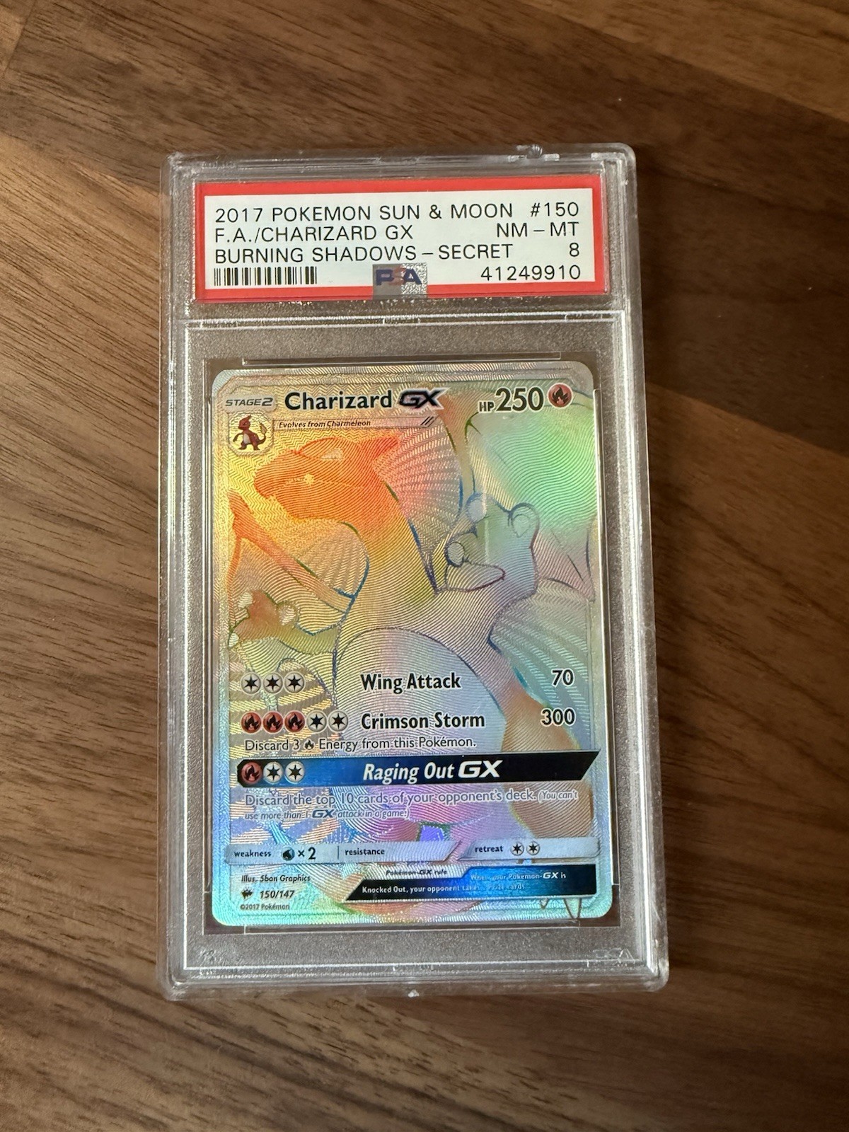 Pokemon Charizard GX 150/147 Burning Shadows Secret Rainbow Holo PSA 8 (2017)