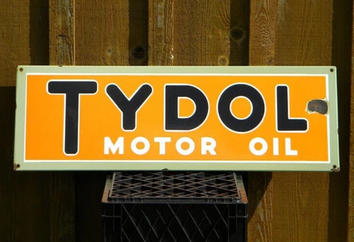 VINTAGE TYDOL PORCELAIN SIGN ~31-1/2"x 10-1/2" MOTOR OIL GAS STATION PUMP