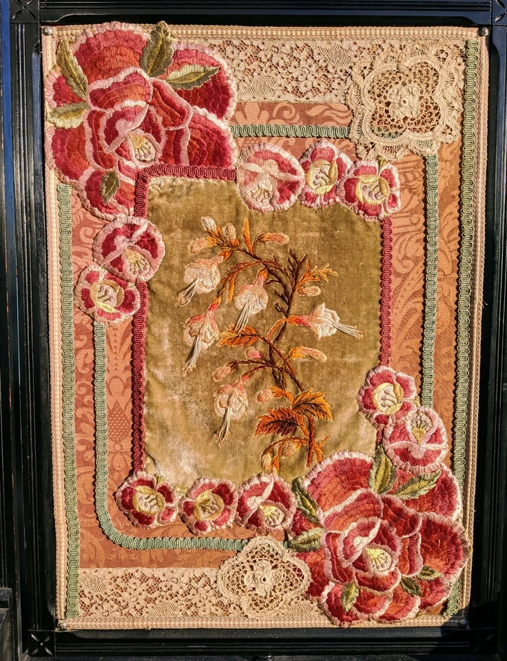 Victorian Fire Screen Fancy Needle Work 2 Sided Floral Art 45"x25" Local Pickup - Image 3 of 4