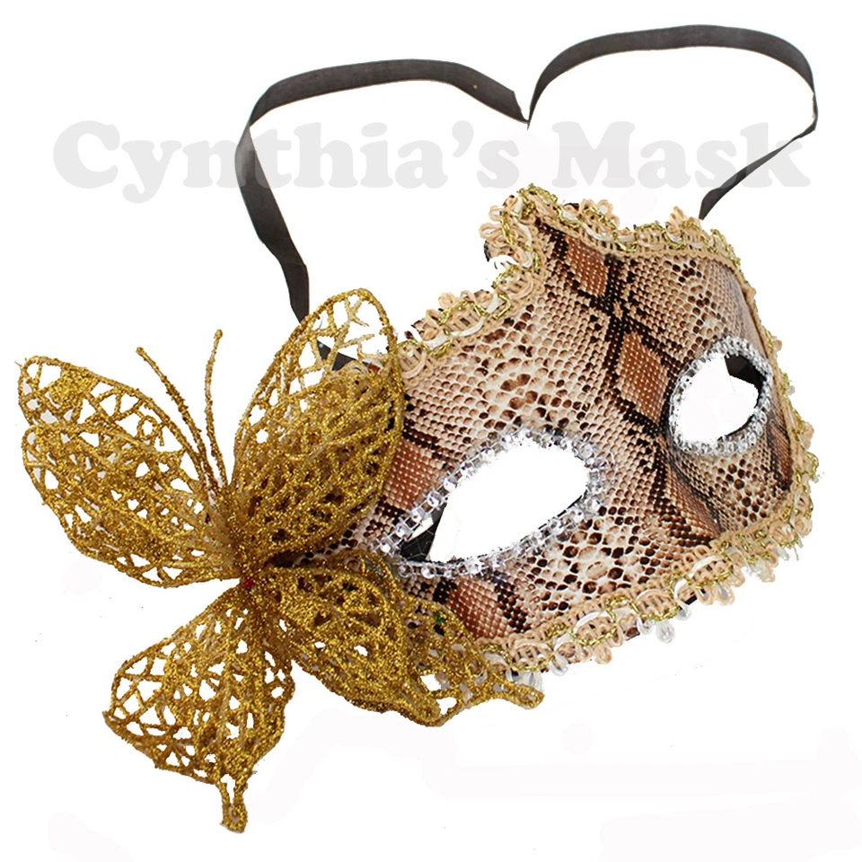 Snakeskin Venetian Masquerade Mask w/ Rhinestones & Butterfly Party Prom Costume - Image 2 of 2
